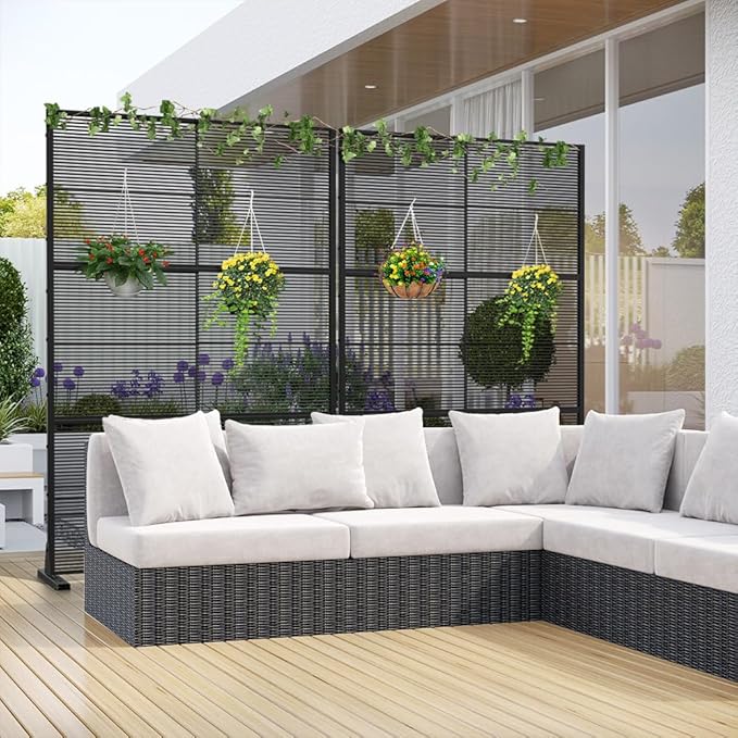 Casaphoria Metal Privacy Screen Outdoor, 72" H x 47" W Freestanding Decorative Privacy Screen for Patio Deck Balcony Garden with Stable Base, Black-Cross Stripe