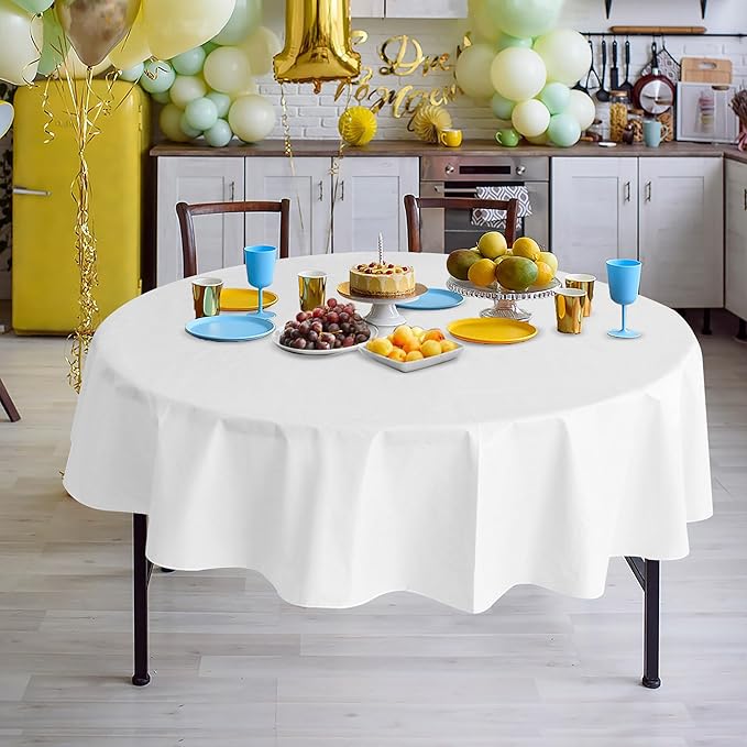 Nasitos 2 Pack Round White Tablecloth 60 Inch-Flannel Backed Vinyl Plastic Tablecloth, Waterproof Spillproof Round Plastic Table Cover Kitchen Dinning Decoration, Table Cloths for Outdoor & Indoor