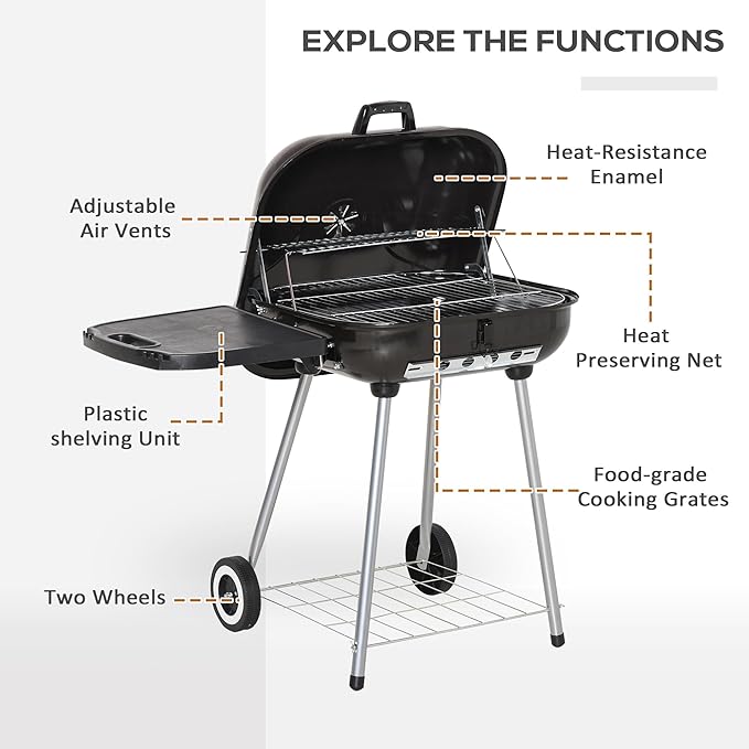 21 Inch Portable Charcoal Grill with Wheels and Bottom Shelf, Outdoor BBQ Smoker with Adjustable Lid Vents, Charcoal Barbecue for Picnic, Camping, Patio & Backyard