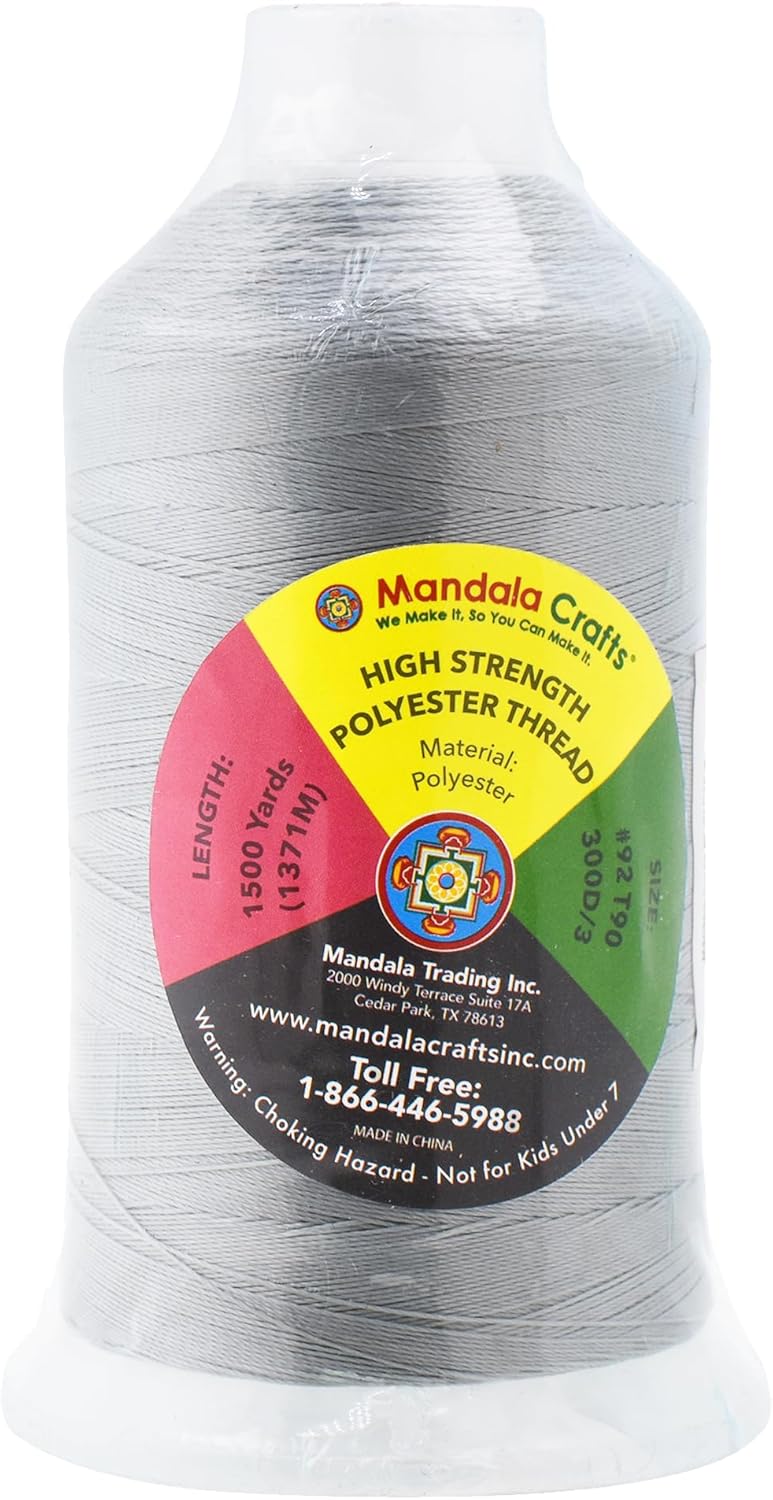 Mandala Crafts Silver Heavy Duty Thread -1500 Yds Tex 90 Thread for Sewing Drapery Jeans Leather Hair - Bonded Polyester for Outdoor Marine Upholstery