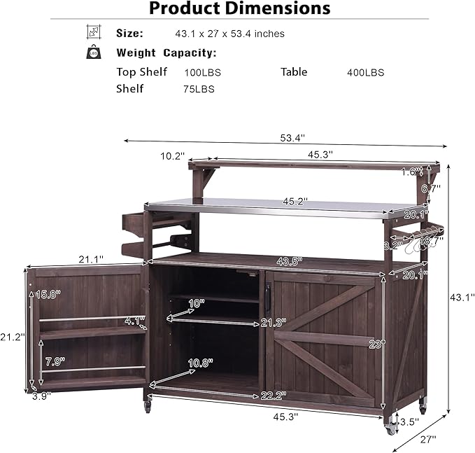 53.3" Outdoor Kitchen Island with Stainless Steel Top, Rolling Grill Cart with Adjustable Shelves, Raised Shelf, Lockable Wheels, Portable Outdoor Table and Bar Storage Cabinet for Patio