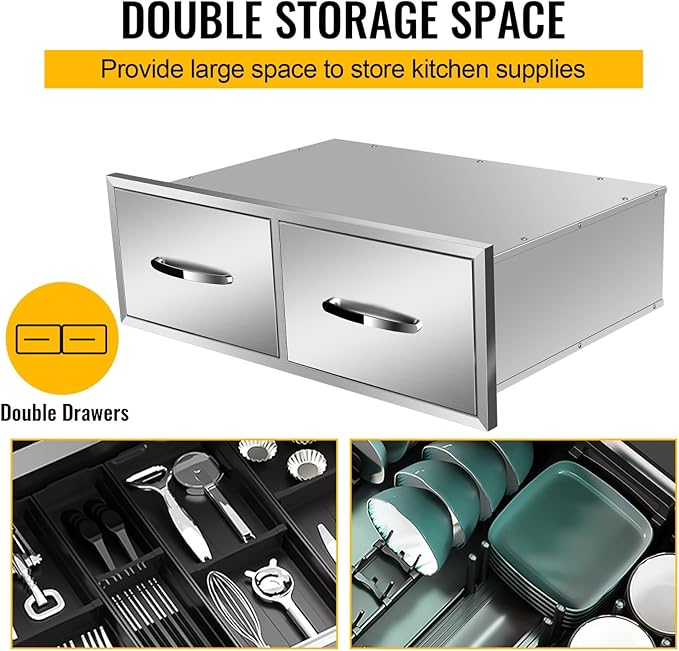 Outdoor Kitchen Drawers, Box Frame Style Flush Mount BBQ Drawer w/Stainless Steel Handle, BBQ Island Drawers For Patio Grill Station,Double Drawers
