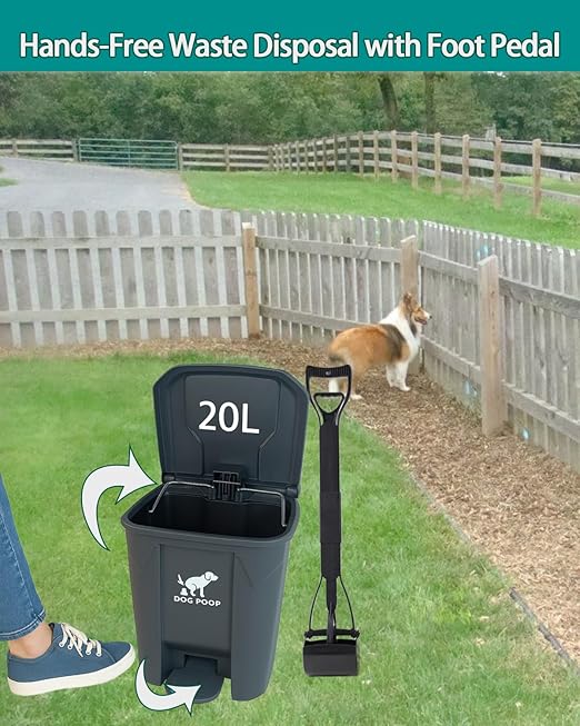 Large Dog Poop Trash Can Outdoor 20L / 5.3 Gallon with Foldable Pooper Scooper - Waterproof Pet Waste Station Set, Foot Pedal, Inner Bucket & 100 Bags for Backyard