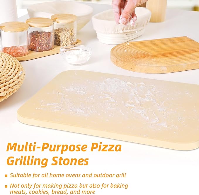 Pizza Stone 5 PCS Set, 15 x 12" Large Rectangle Pizza Stone Set for Oven and Grill with Metal Pizza Peels & Cutter Rocker, 0.6'' Thickened Stone Pizza Pan, Baking Stone for Pizza, Bread