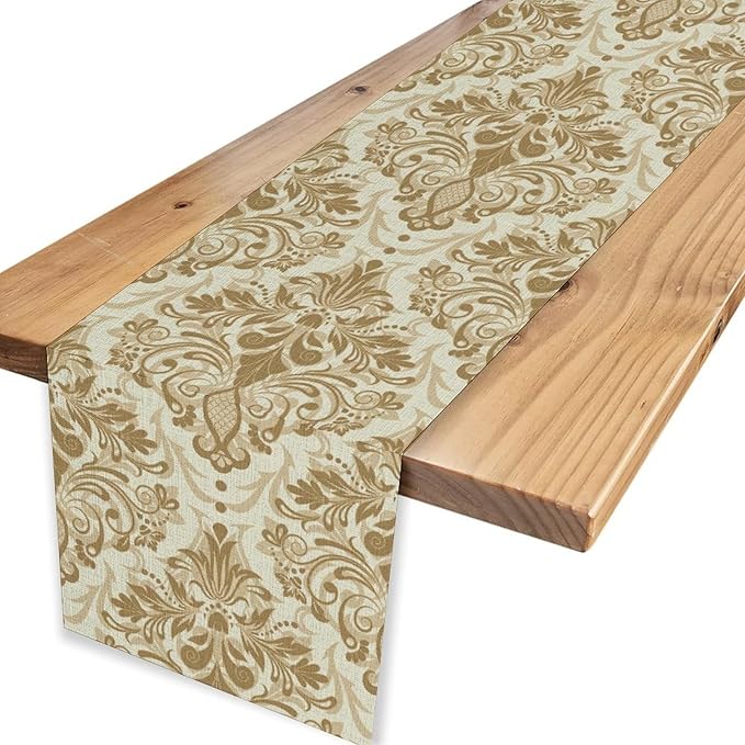Damask Table Runner, Rustic Gothic Gold Baroque Style Floral Bohemian Boho Flower Antique Vintage Coffee Table Center Decor for Kitchen and Dining Outdoor Country Party Table Decorations, 13"x72"