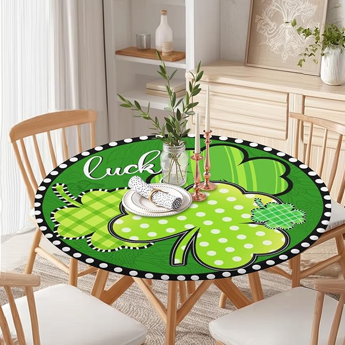 St Patricks Day Round Fitted Tablecloth with Elastic Green Shamrock Lucky Circle Table Cover for 48-52" Tables Spring Clover Wipeable Waterproof Washable Table Cloth for Party Picnic Dining Decor