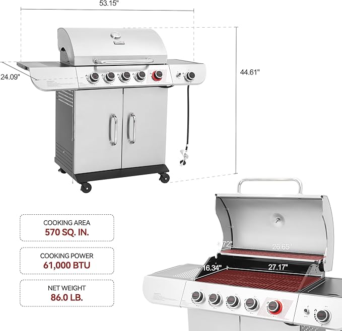 Royal Gourmet SG5002 5 Burner Propane Gas Grill with Side Burner & Sear Burner, Stainless Steel Gas Grill with 61,000 BTUs Output for Outdoor Patio Garden Backyard Cooking, Silver