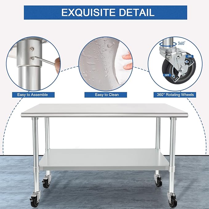 HARDURA Stainless Steel Table with Wheels 30 x 48 Inches Casters NSF Heavy Duty Commercial Work & Prep Table with Undershelf and Galvanized Legs for Restaurant Kitchen Bar and Hotel Garage