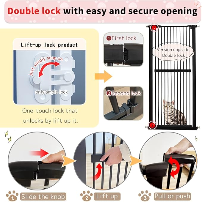 Lumizone Extra Tall Cat Gate 61.02" High Pressure Mounted Extra Wide 63.39"-67.32" (17Sizes) 1.37" Gap No Drilling Auto-Close Tall Pet Gate for Dogs (Black, 63.39"-67.32" W)