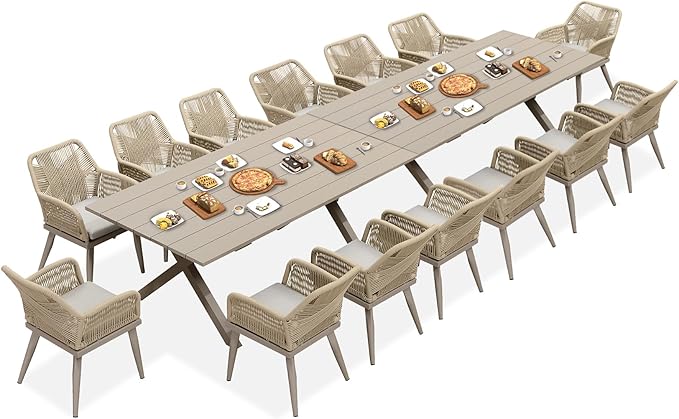 PURPLE LEAF 16 Pieces Outdoor Patio Dining Set All-Weather PE Rattan Furniture Set with All Aluminum Frame Outdoor Table and Chairs Set for 14 People Lawn Garden Backyard Deck, Champagne