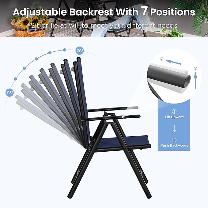 PHI VILLA Outdoor Patio Dining Set for 4, Patio Table and Chairs Set with Adjustable Folding Patio Sling Chairs for Garden, Deck and Yard, Blue