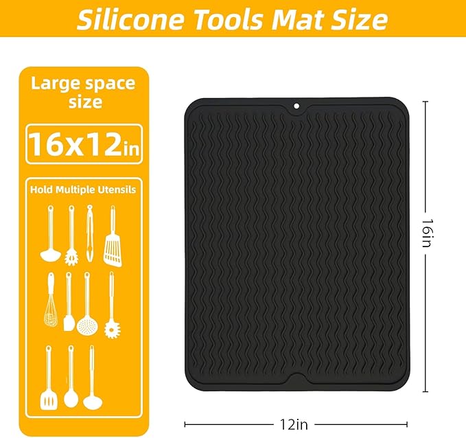 Grill Accessories, 16x12 Inch Silicone Heat Resistant Mat, BBQ Tool Rest Pad for Blackstone Griddle Side Shelf, Weber, Traeger, Outdoor Kitchen Countertop Protector (Black)