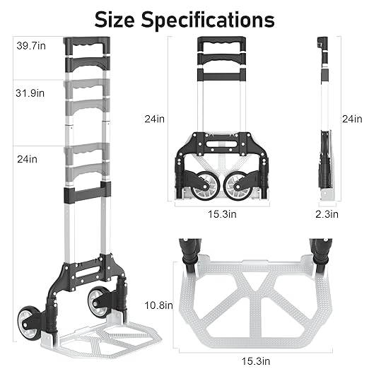 Folding Hand Truck - Aluminum Portable Dolly Cart with Telescopic Handle, Bungee Cord - Compact Lightweight Foldable Luggage Cart for Moving, Home, Auto, 180lbs, Black