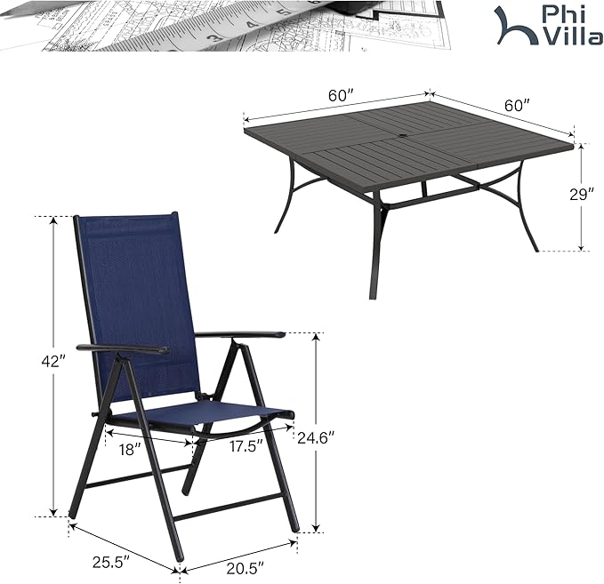 PHI VILLA 9 Piece Patio Dining Set, Outdoor Dining Furniture Patio Table Set with Adjustable Portable Patio Folding Chairs (Blue) & Large Square Outdoor Dining Table for Yard, Garden and Lawn