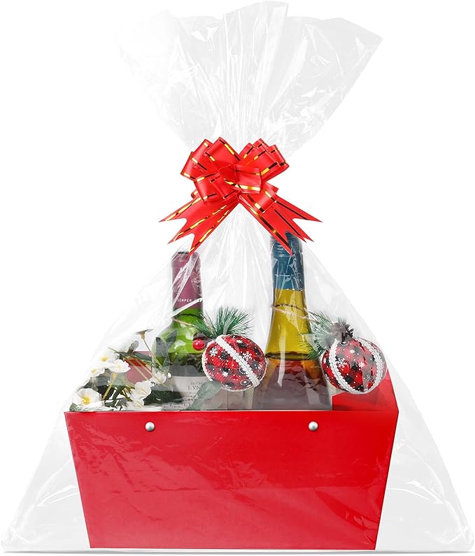 Tuanse 30 Pcs Basket for Gift Empty DIY Bulk Gift Basket Kit with Handle Kraft Cardboard Tray with 30 Bag 30 Bow Market Tray for Wedding Party(Red,12.6 x 9.8 x 5.9 in)
