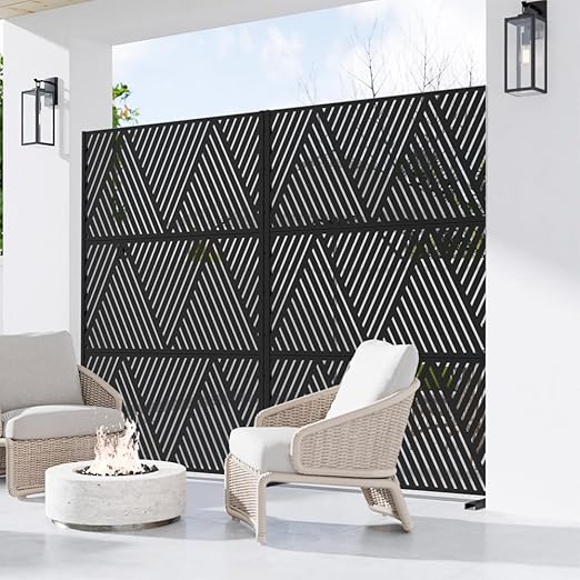 Casaphoria Metal Privacy Screen Outdoor, 72" H x 47" W Freestanding Decorative Privacy Screen for Patio Deck Balcony Garden with Stable Base, Black V Shape