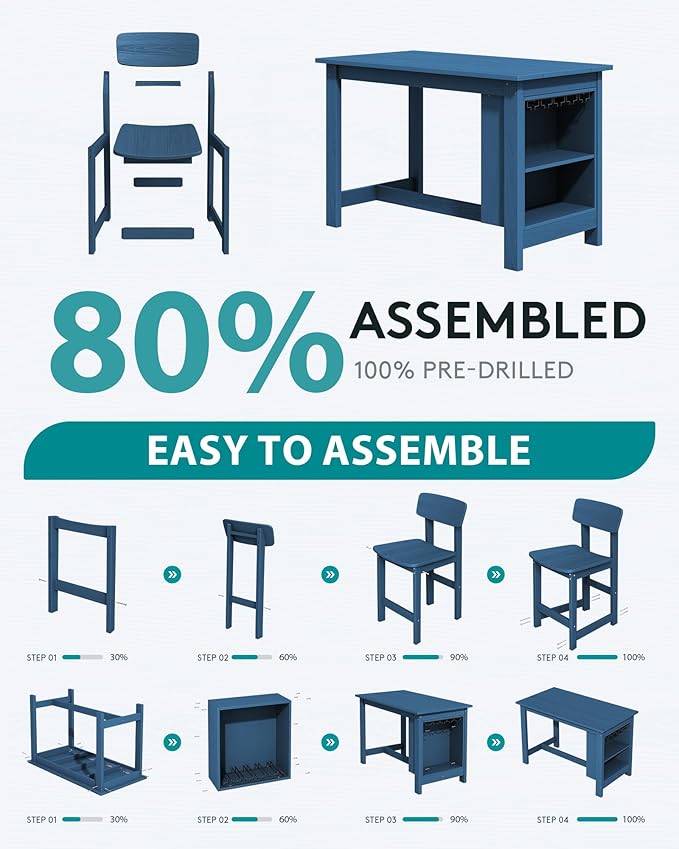 SERWALL 10-Piece HDPE Counter Height Dining Table Sets with Storage and Wine Rack, 2 Rectangular Bar Table with Bar Stools Set of 8 for Garden, Backyard, Kitchen, Blue