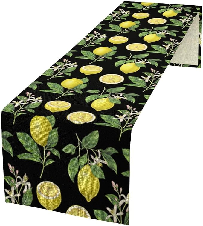Watercolor Lemon Table Runner, Spring Summer Seasonal Green Leaves Flowers Yellow Fruits Print Table Runner for Farmhouse Kitchen Dining Table Home Party Indoor Decor 13x108in