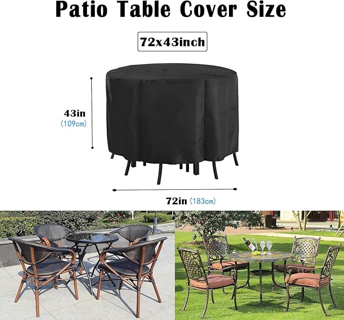 Kingling Patio Furniture Covers Waterproof, Round Patio Table Cover 72 inch Heavy Duty Outdoor Table Cover for Dining & Coffee Table Chair Set, Firepit Table All Weather Resistant--72''D x43''H(Black)