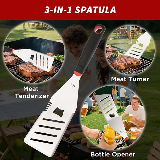BBQ Tools Set, 4 PCS Heavy Duty Stainless Steel Spatula, Fork, Tongs with Portable Bag, Essential Accessories for Barbecue Outdoor Grill, Grilling Gifts for Men Dad Camp Chef