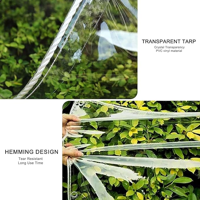 Clear Tarp,8x10ft Clear Tarps Heavy Duty Water Resistant with Reinforced Edge,14Mil Thickened Transparent Tear Resistant Water Resistant PVC Vinyl Tarpaulin Enclosure for Porch,Greenhouse Outdoor