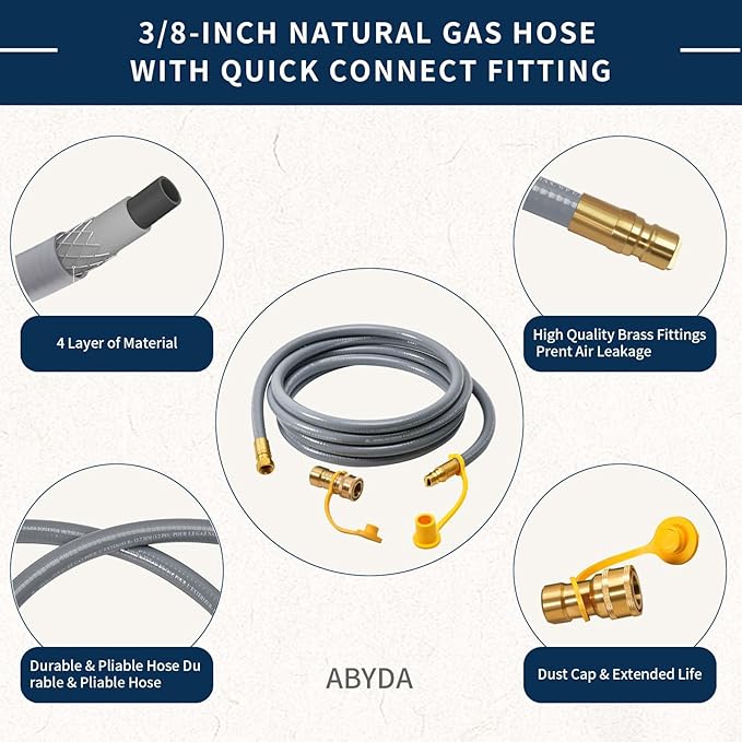 ABYDA 24 Feet 3/8" ID Natural Gas Grill Hose with Quick Connect Fittings, Ideal Natural Gas Line for Grills, Pizza Ovens, Heaters, and More Low Pressure Appliances