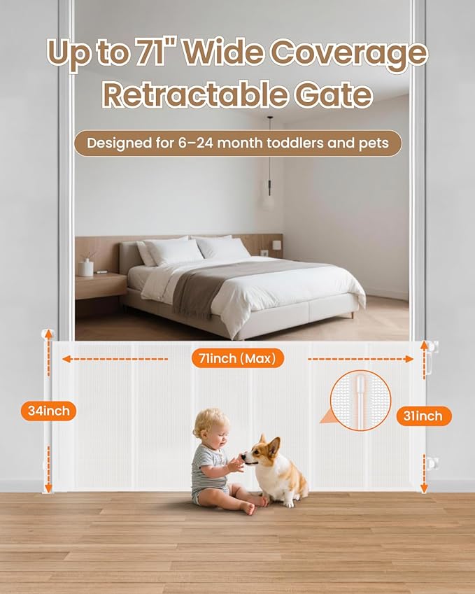 Upgraded Retractable Baby Gate - 71" Wide 34" Tall Mesh Child Safety Gate with High-Density Reinforced Rods, Easy One-Hand Operation Retractable Dog Gate, Fits Baseboards, White
