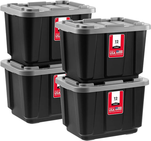 IRIS USA 4-Pack 12 Gallon Storage Bins with Lids |Made in USA| Heavy Duty Plastic Tote Containers for Truckbed Tool Box Organization, Large - Gray