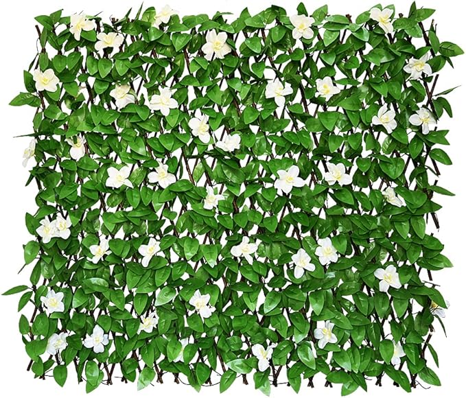 Expandable Fence Privacy Screen for Balcony Patio Outdoor,Decorative Faux Ivy Fencing Panel,Artificial Hedges (Single Sided Leaves) (4, White Flowers)