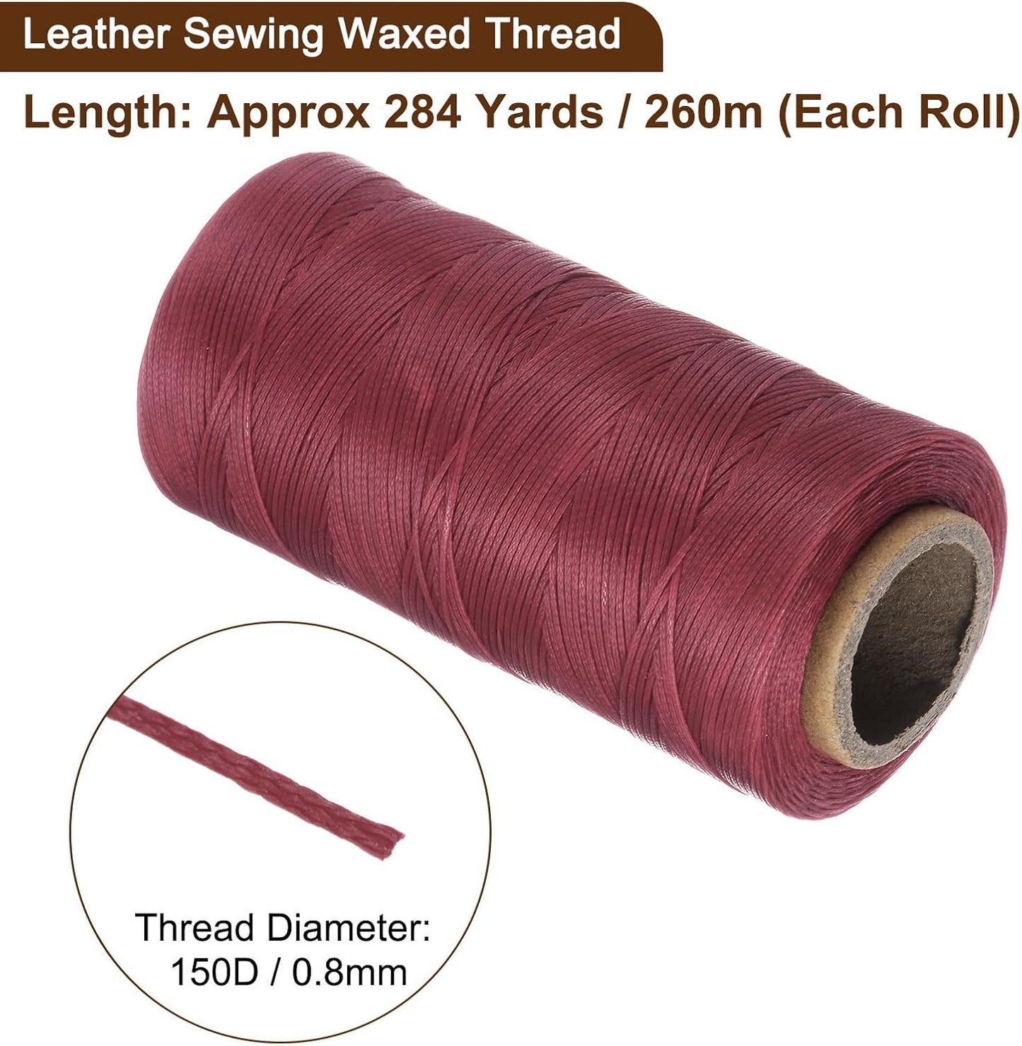 uxcell 150D 0.8mm Flat Waxed Thread 284 Yards Polyester Leather Sewing Waxed String Hand Stitching Waxed Cord for Leather Stitching Sewing Bookbinding DIY Craft Dark Red