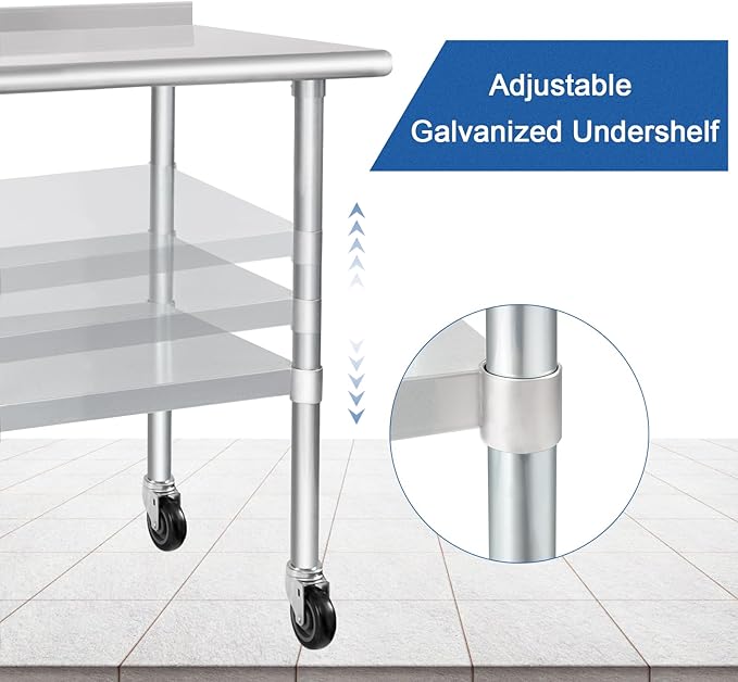 HARDURA Stainless Steel Table 24 x 30 Inches with Wheels Casters NSF Heavy Duty Commercial Prep Table with 2” Backsplash and Adjustable Undershelf for Restaurant Kitchen Home and Hotel