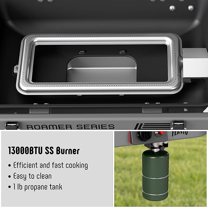 Portable Propane Gas Grill with Folding Cart & 13000 BTUs Burner, 360 Sq. In. Cast Iron Cooking Grates, Side Table, 8" Wheels, Stainless Grease Tray, Black Includes Propane Adapter Hose.