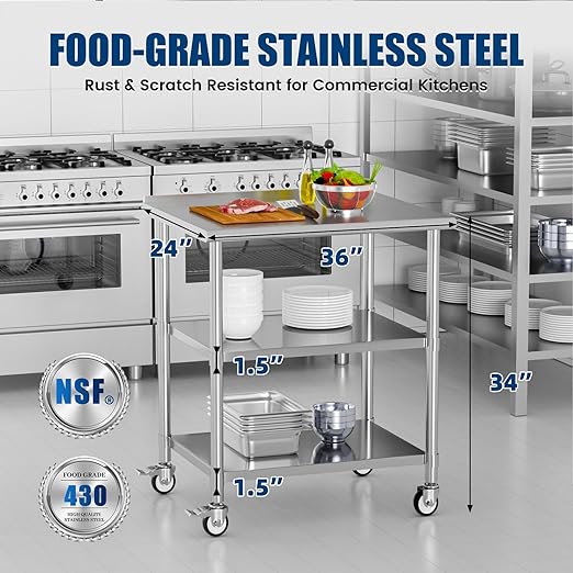 Stainless Steel Work Table with Wheels, 24x36 Inch NSF Food Prep Table with Backsplash & 2 Adjustable Undershelves for Commercial Kitchen, Restaurant, Garage