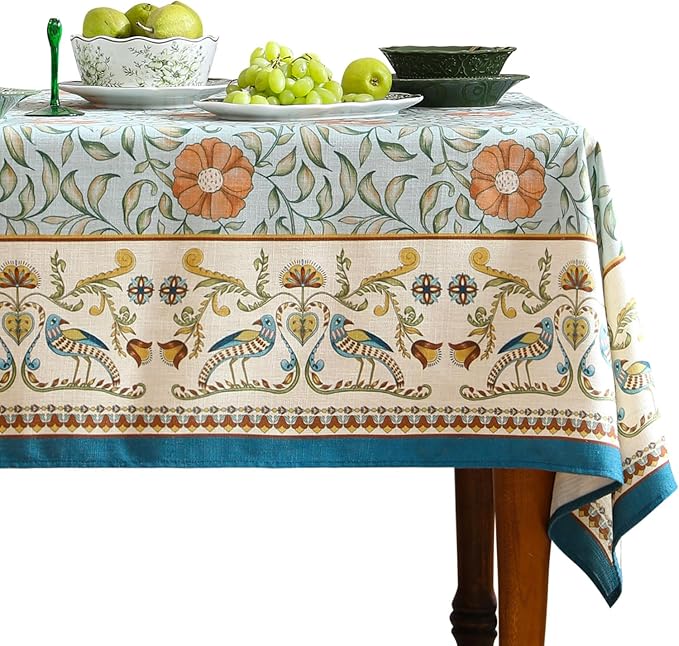 patdrea Designer French Linen Blue Tablecloth for Rectangle Table,Vintage Floral Table Cloth,Colorful Decoration Fall Cover Kitchen Dining for Thanksgiving,Tea Party,Christmas,55"x79"-Wensel