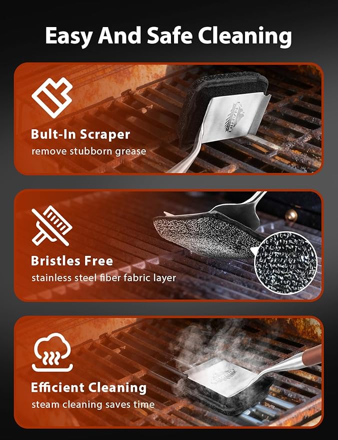Grill Brush Bristle Free for Outdoor Grill, Grill Brush Bristle Free with 1 Replaceable Brush Heads, Steel Fibers Pad for Cast Iron/Stainless-Steel Grates, Grill Brush for Outdoor Gril