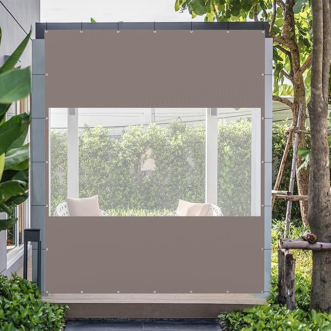 Domi Heavy Duty Outdoor Clear Panel Curtain, 18 oz Waterproof PVC Polyester Curtain, Weather Resistant & Tearproof for Patios, Gazebos, Pergolas, Privacy Screen (10'H x 7'W, Gray)