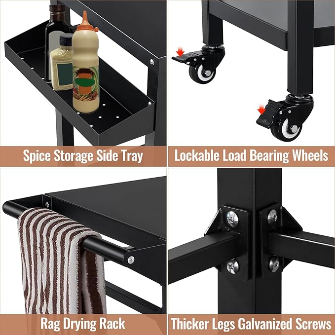 Outdoor Grill Cart Stand Table Pizza Oven with Lockable Wheels, Heavy Duty Movable Kitchen Cooking Prep Station BBQ Cart for Outside Patio, Backyard, Camping and Parties