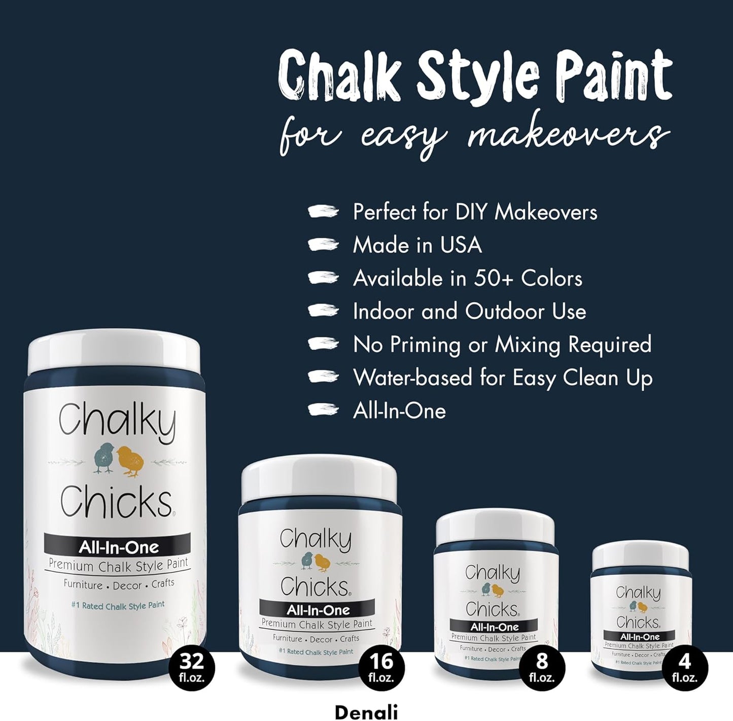 Chalky Chicks All-in-One Chalk Paint for Furniture or Cabinet - 8 Fl Oz - Matte Finish Denali (Deep Blue) for Metal, Wood Furniture Paint - No Sanding All-in-One for Home Decor & Crafts, USA Made