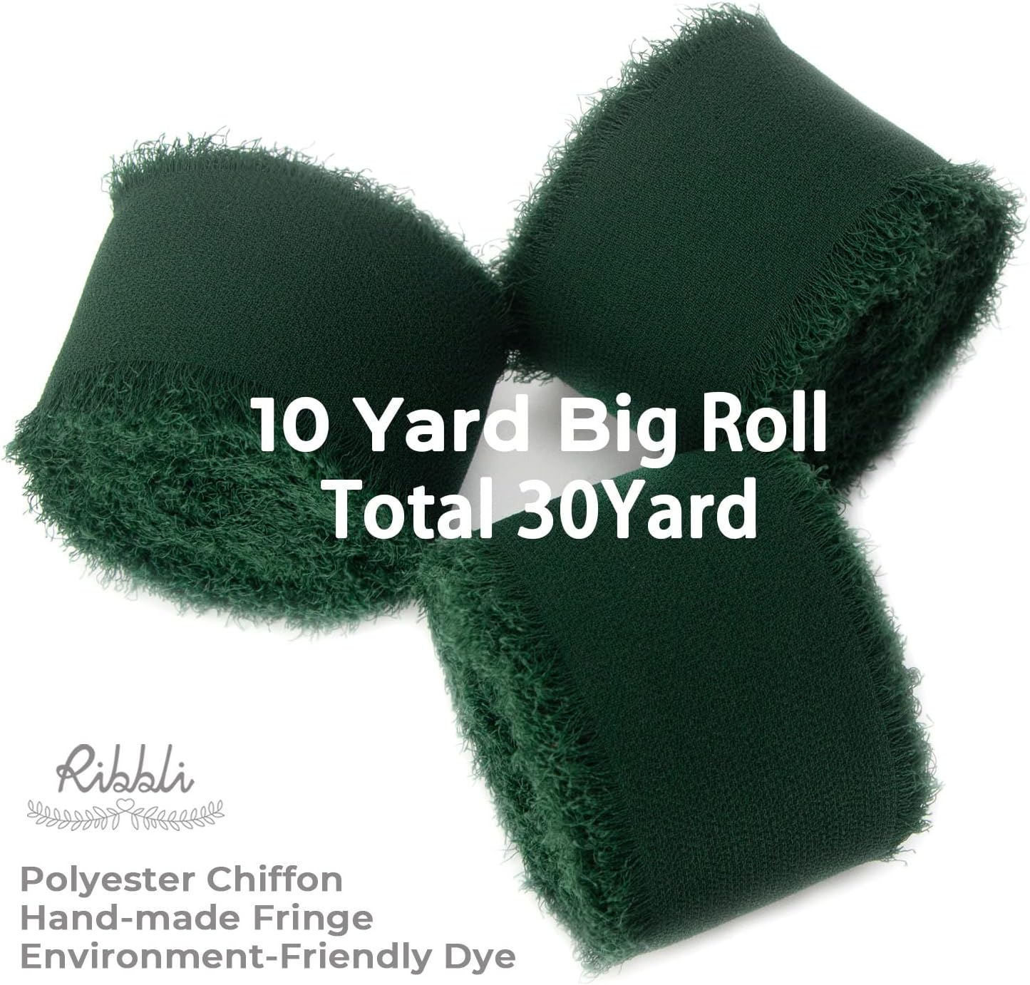 Ribbli Forest Green Chiffon Silk Ribbon, 1.5 Inch x 30 Yard - Handmade, Fringe, Wedding Invitations, Gift Wrapping, Bridal Bouquets, Flower Arrangement