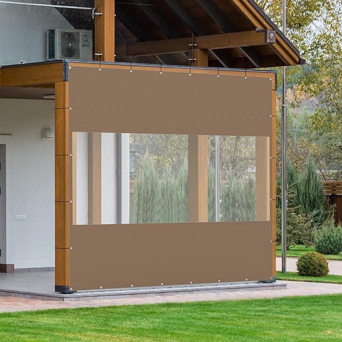 Domi Heavy Duty Outdoor Clear Panel Curtain, 18 oz Waterproof PVC Polyester Curtain, Weather Resistant & Tearproof for Patios, Gazebos, Pergolas, Privacy Screen (8'H x 8'W, Brown)