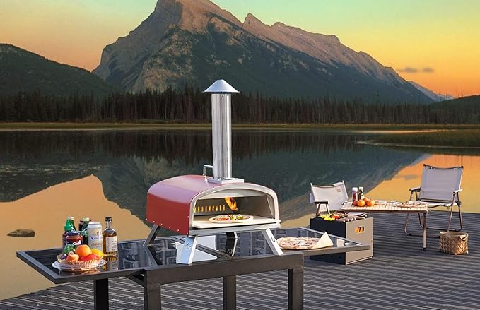 PIZZELLO 16" Outdoor Pizza Oven Propane & Wood Fired Stainless Steel Pizza Grill with Gas Burner, Wood Tray Pizza Stone, Pizza Peel, Carry Bag (Red)
