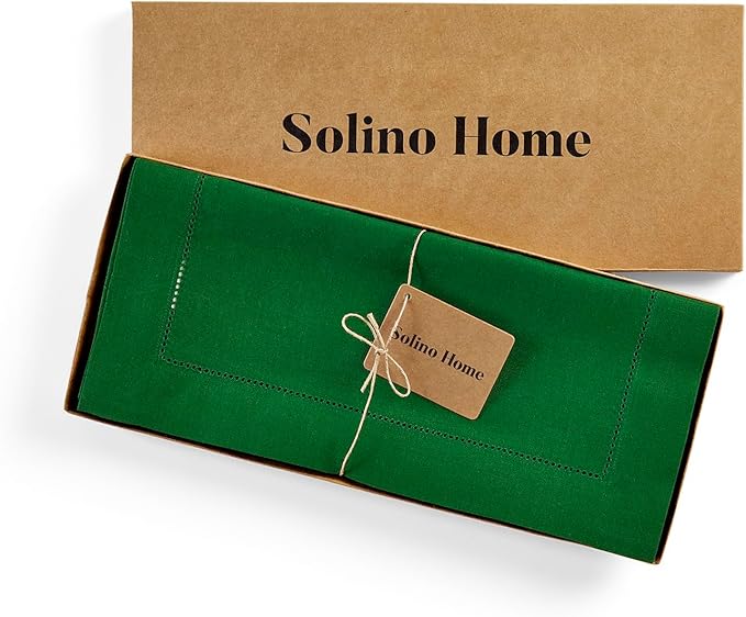 Solino Home Linen Garden Green Table Runner 132 Inches Long - 100% Pure Linen Extra Long Table Runner 14 x 132 Inch for Winter, St Patricks Day, Easter - Classic Hemstitch