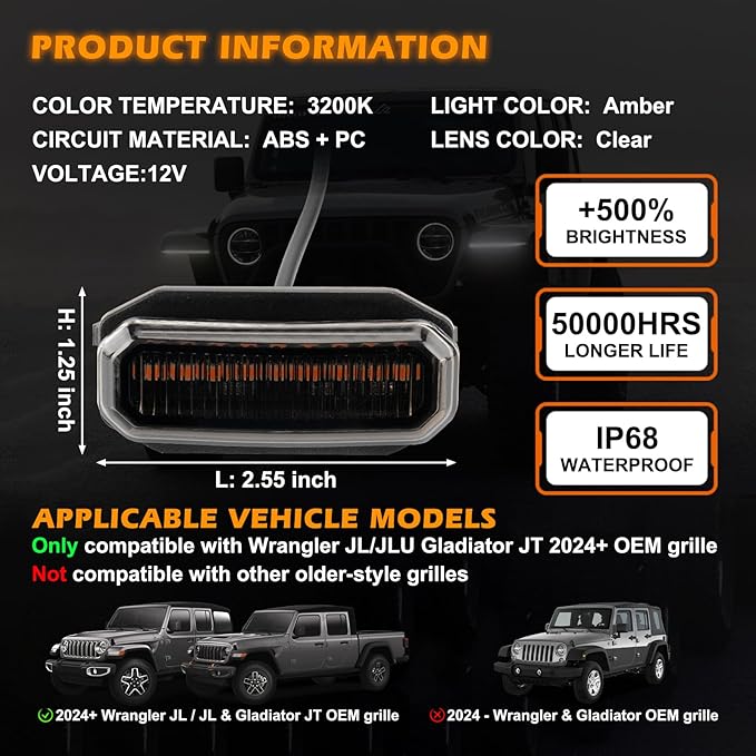 Maiker Amber LED Grille Lights Compatible with 2024-2025 Jeep Wrangler JL JLU & Gladiator JT Original Factory Grille, 5PCS Front Grille Marker Lights