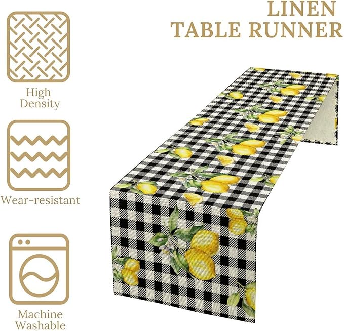 Fresh Lemon Table Runner, Yellow Lemon Black White Buffalo Check Plaid Table Runner for Farmhouse Coffee Home Kitchen Dining 13x36in
