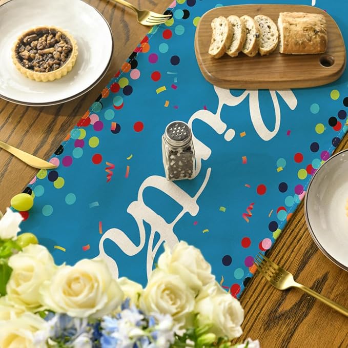 Artoid Mode Polka Dot Blue Happy Birthday Table Runner, Seasonal Winter Kitchen Dining Table Decoration for Home Party Decor 13x72 Inch