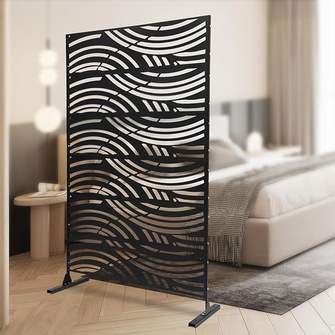 DNYSYSJ Metal Outdoor Divider 71x40'' Privacy Screens 6 Panels Freestanding Decorative Privacy Screen for Patio Balcony Deck Garden Backyard (Model D)