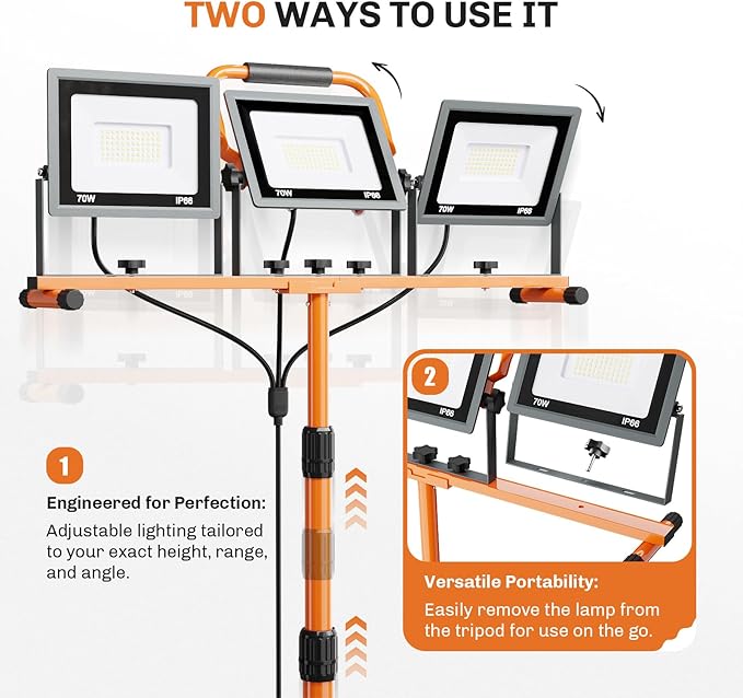 Upgraded 21000Lumen LED Work Lights with Stand - 3 Head Adjustable Work Light with 16FT Cord - IP66 Waterproof Tripod Worklights with Individual Switch for Outdoor Indoor Portable & All-round Lighting