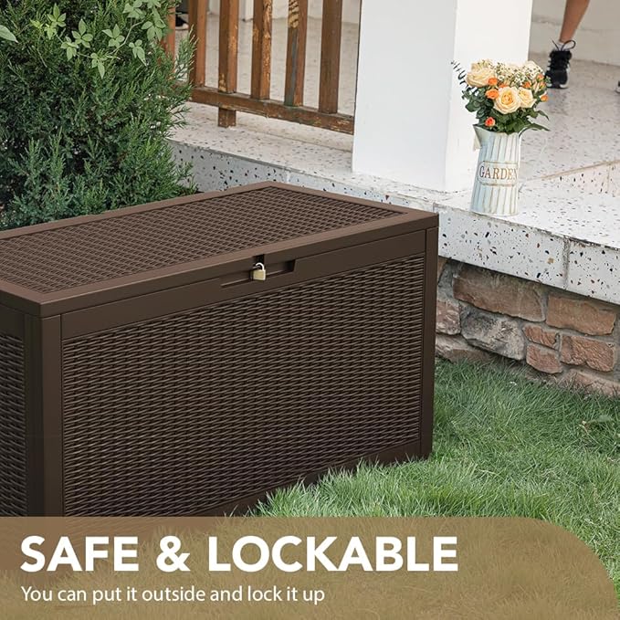 Devoko 95 Gallon Deck Box Large Resin Outdoor Storage Box, Waterproof and UV Resistant Lockable for Outdoor and Patio, Large Storage Cabinet for Patio Furniture, Garden Tools and Pool Supplies, Brown