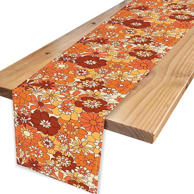 Orange Floral Table Runner, Retro Groovy 70s Hippie Floral Funky Cute Flower Trippy Coffee Table Center Decor For Home Kitchen Dining Patio Holiday Party Indoor Outdoor Table Decorations, 13"x90" Inch