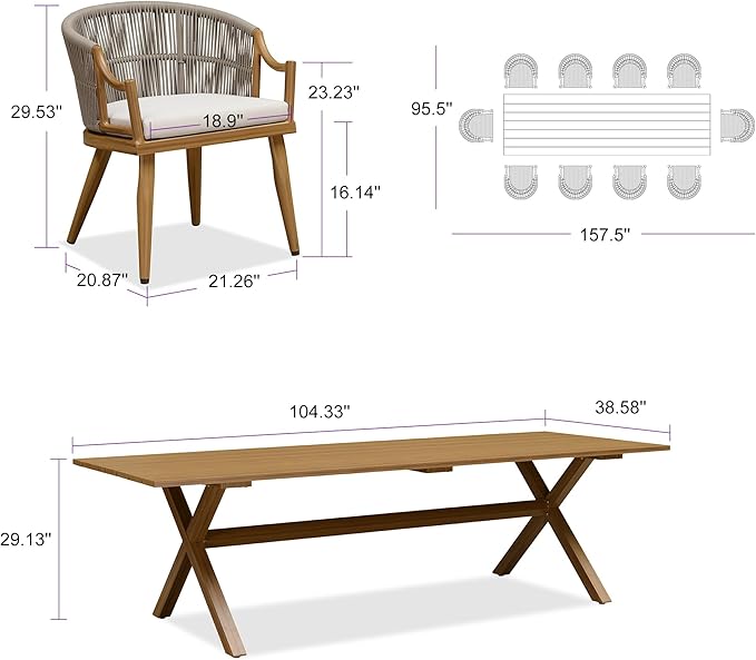 PURPLE LEAF 11 Pieces Outdoor Dining Set All Weather Wicker Patio Dining Set with Rectangular Aluminum Table and Modern Armrest Dining Chairs for Garden Deck Backyard Kitchen, Teak